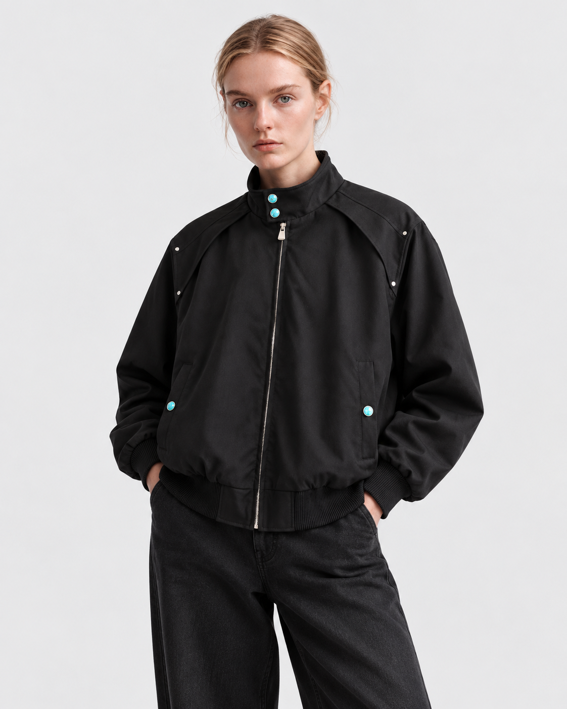 Image of Color: Black | Men's black loose fit stand collar bomber jacket, studio product view 5