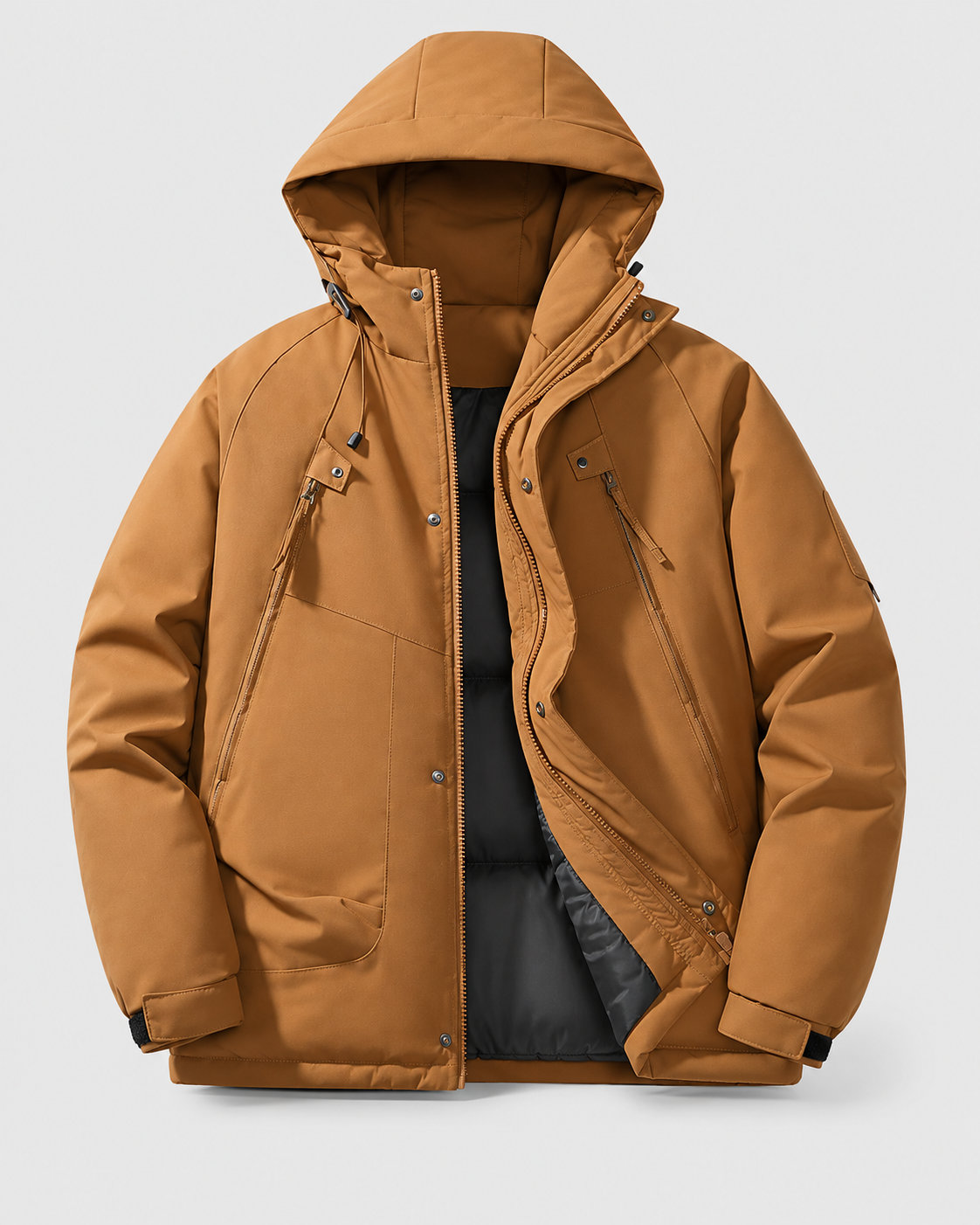 Color: Caramel | Men's caramel hooded cotton-filled puffer jacket, main studio product view