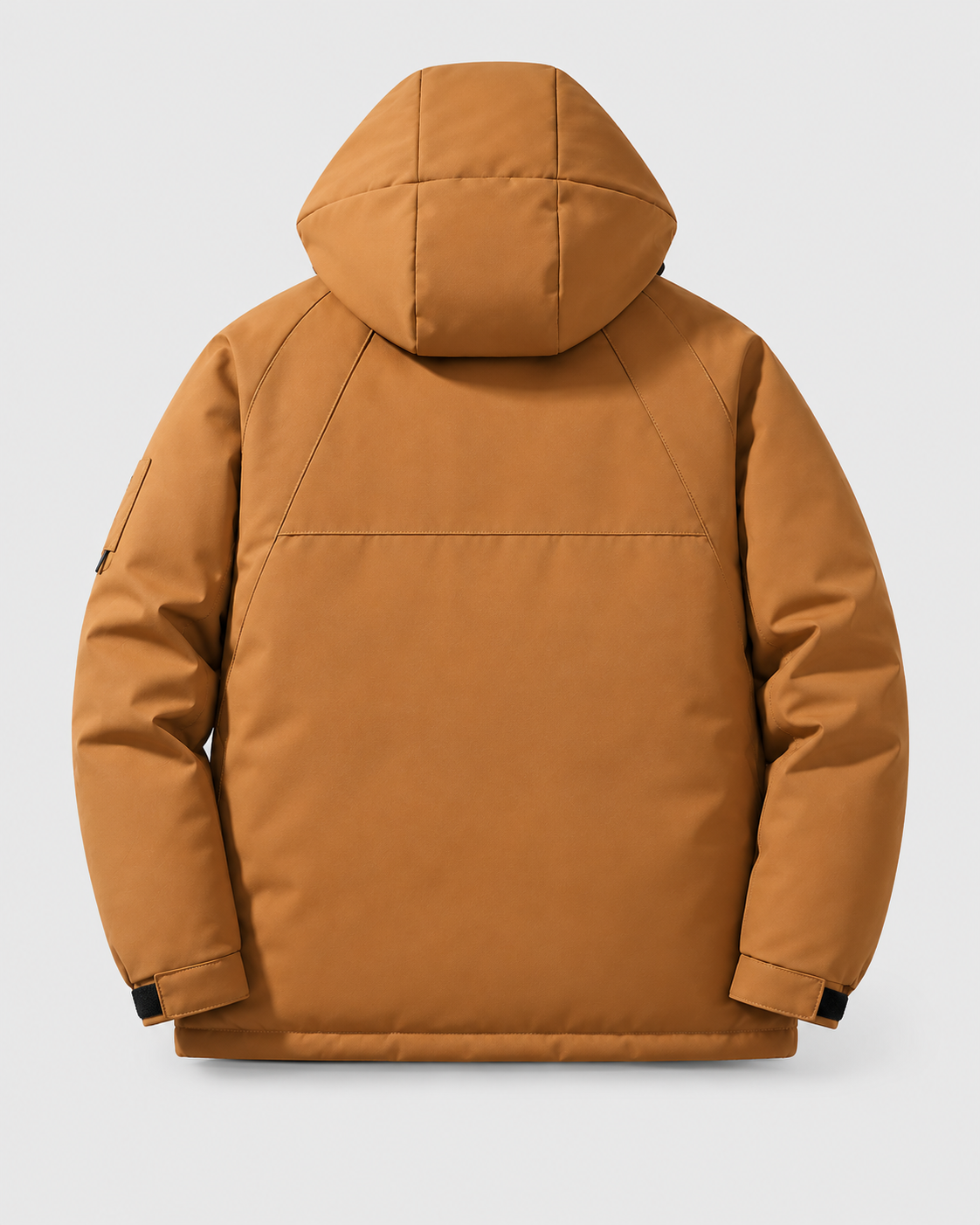 Image of Color: Caramel | Men's caramel hooded cotton-filled puffer jacket styled on model, look 1