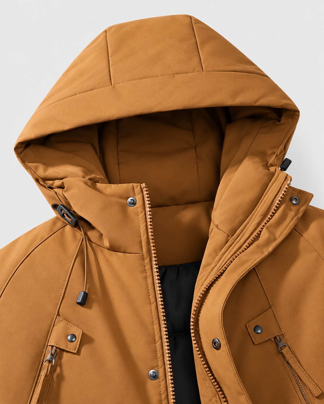 Image of Color: Caramel | Men's caramel hooded cotton-filled puffer jacket, studio product view 2