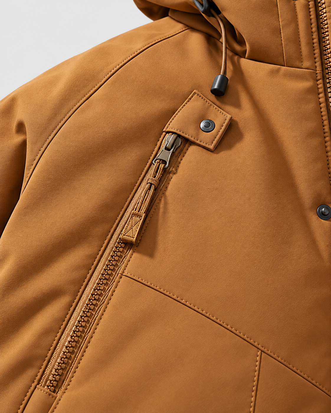 Image of Color: Caramel | Men's caramel hooded cotton-filled puffer jacket, studio product view 3
