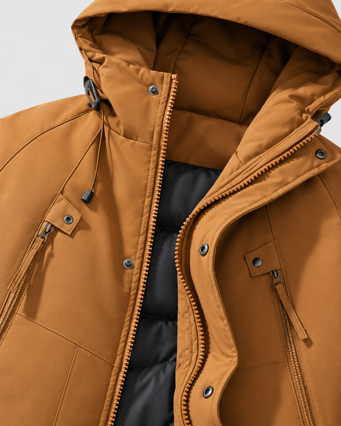 Color: Caramel | Men's caramel hooded cotton-filled puffer jacket, studio product view 4