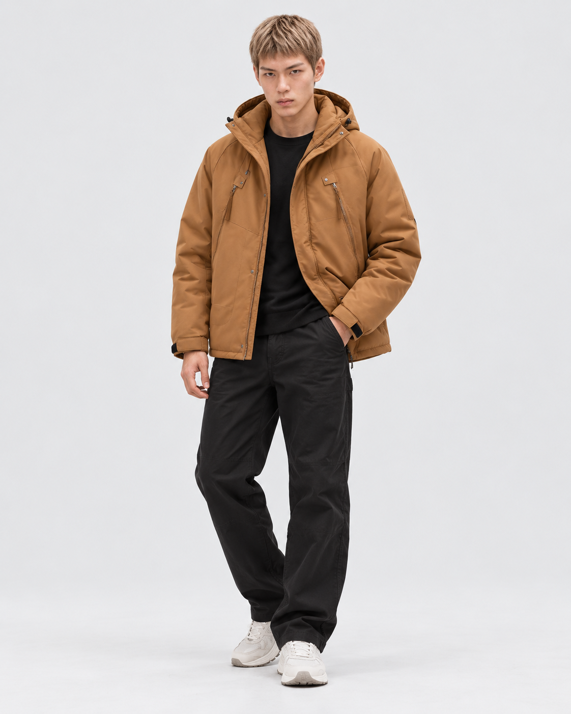 Color: Caramel | Men's caramel hooded cotton-filled puffer jacket, studio product view 5