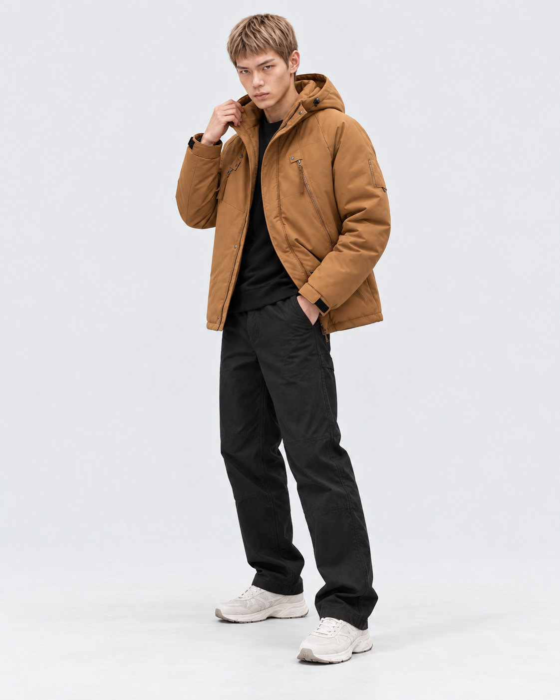 Image of Color: Caramel | Men's caramel hooded cotton-filled puffer jacket styled on model, look 2