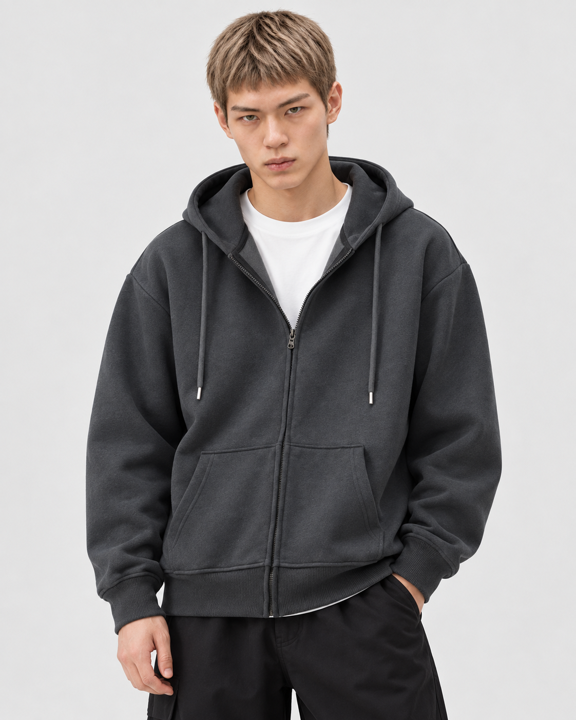 Image of Color: Dark Gray | Men's dark gray heavyweight cotton blend zip-up hoodie, studio product view 5