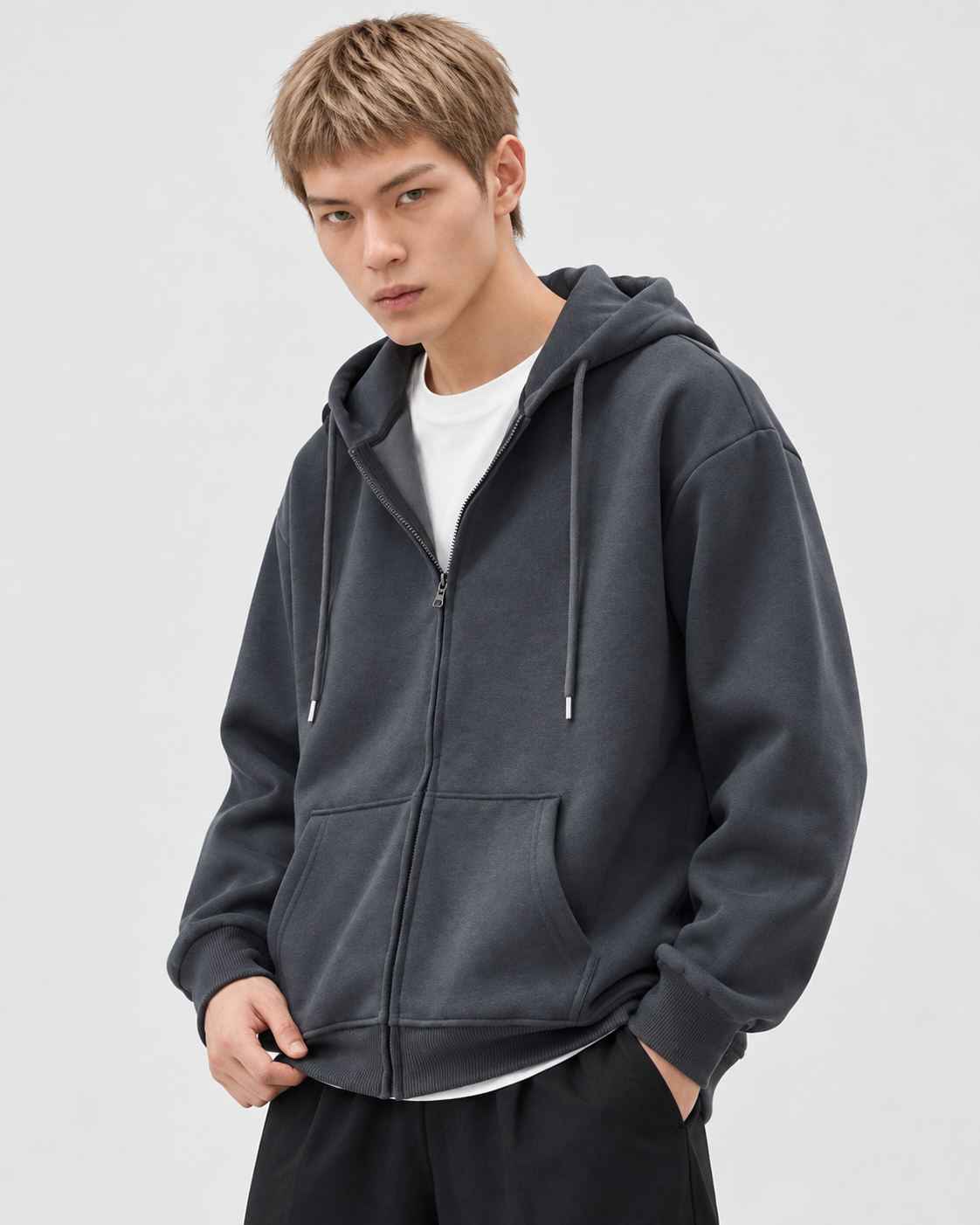Color: Dark Gray | Men's dark gray heavyweight cotton blend zip-up hoodie styled on model, look 2