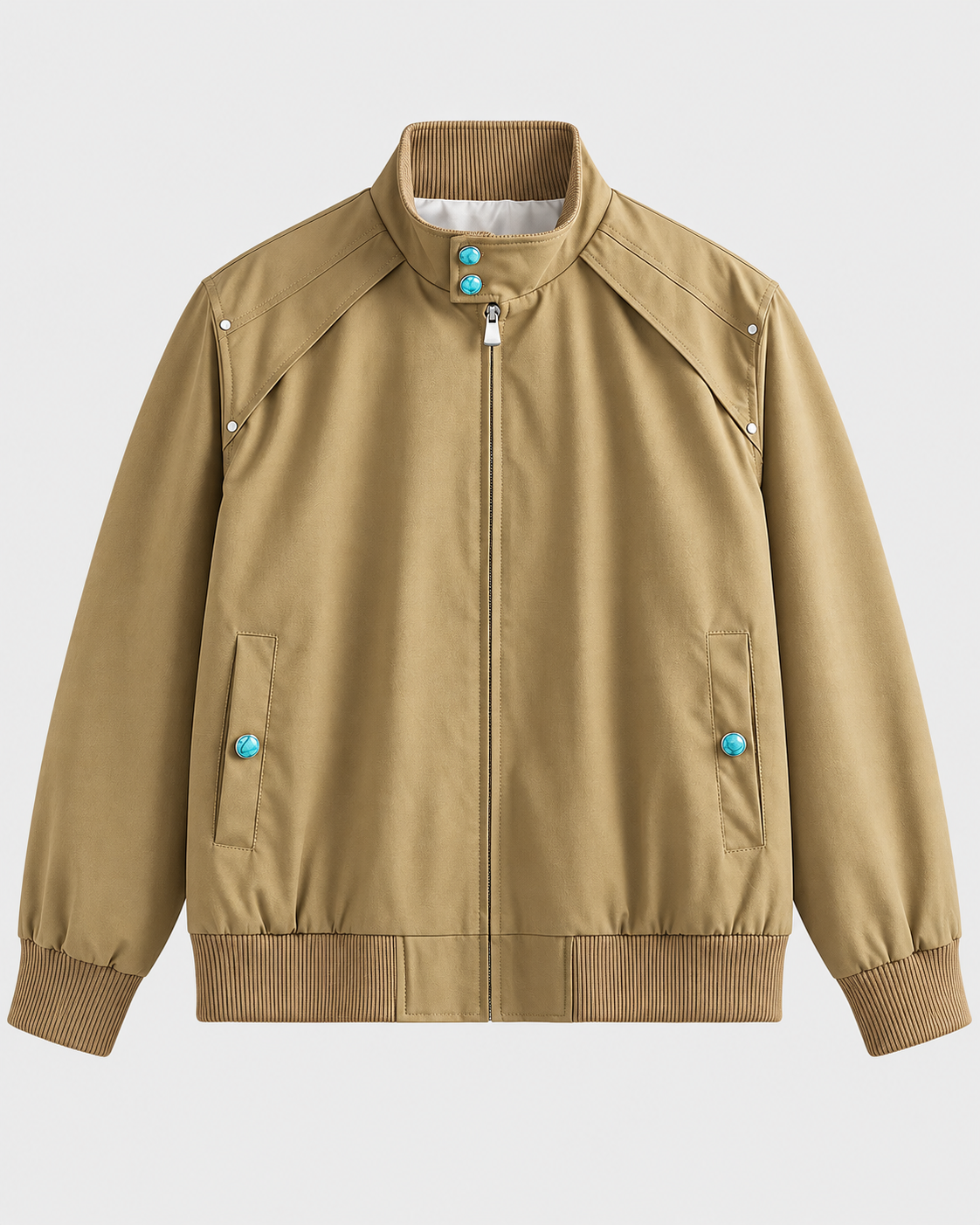 Color: Khaki | Men's khaki loose fit stand collar bomber jacket, main studio product view