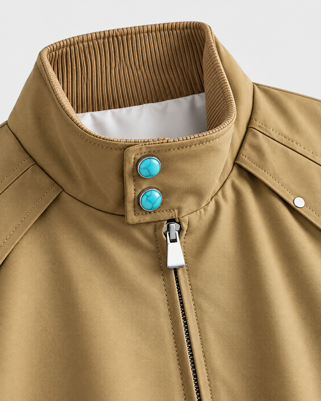 Color: Khaki | Men's khaki loose fit stand collar bomber jacket, studio product view 2
