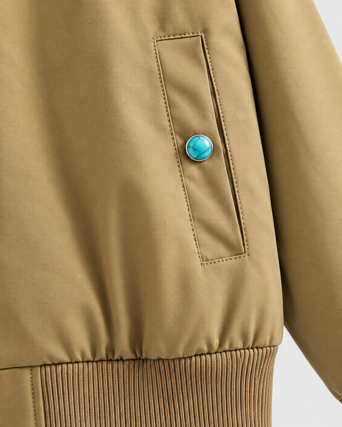 Color: Khaki | Men's khaki loose fit stand collar bomber jacket, studio product view 3
