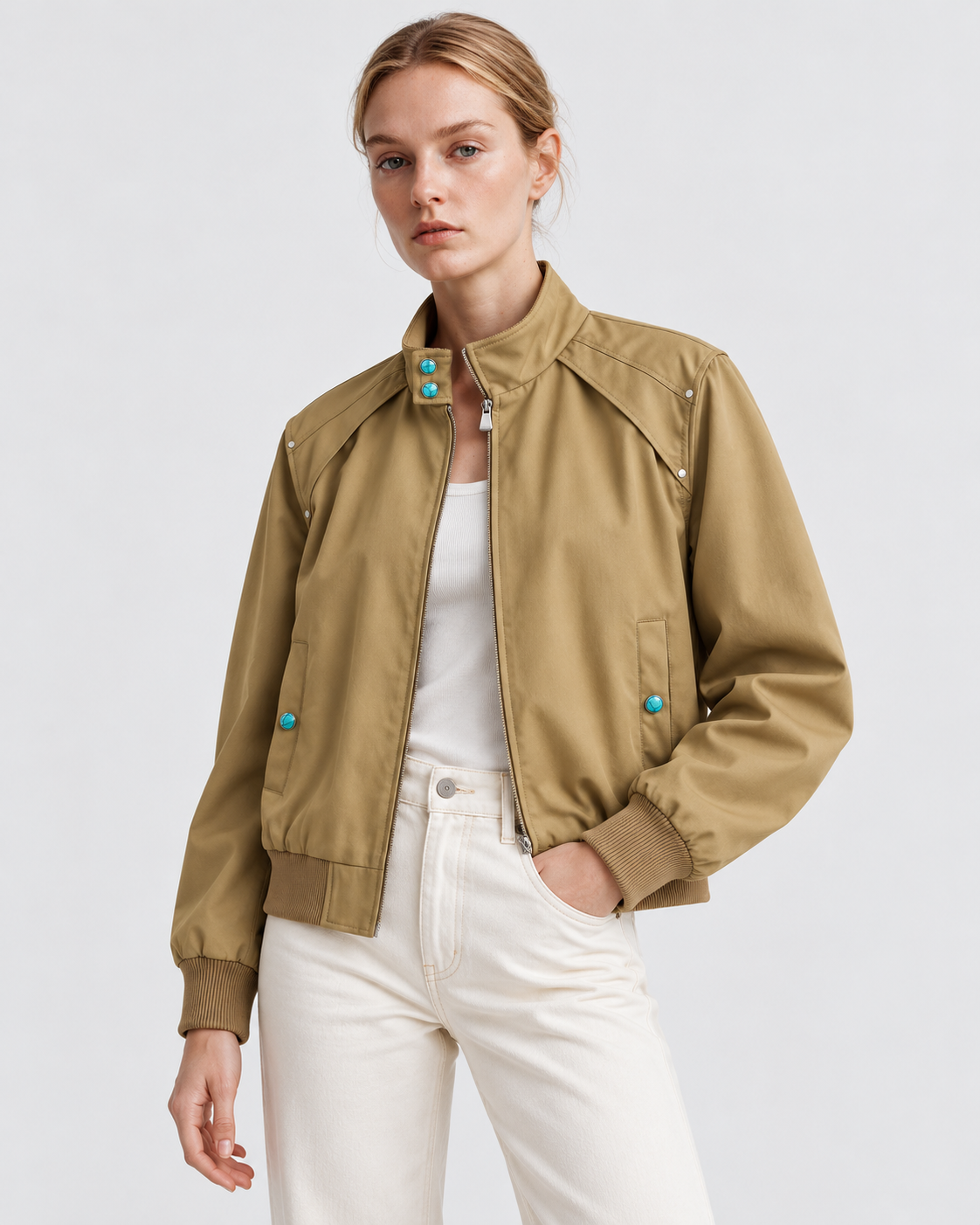 Color: Khaki | Men's khaki loose fit stand collar bomber jacket, studio product view 5