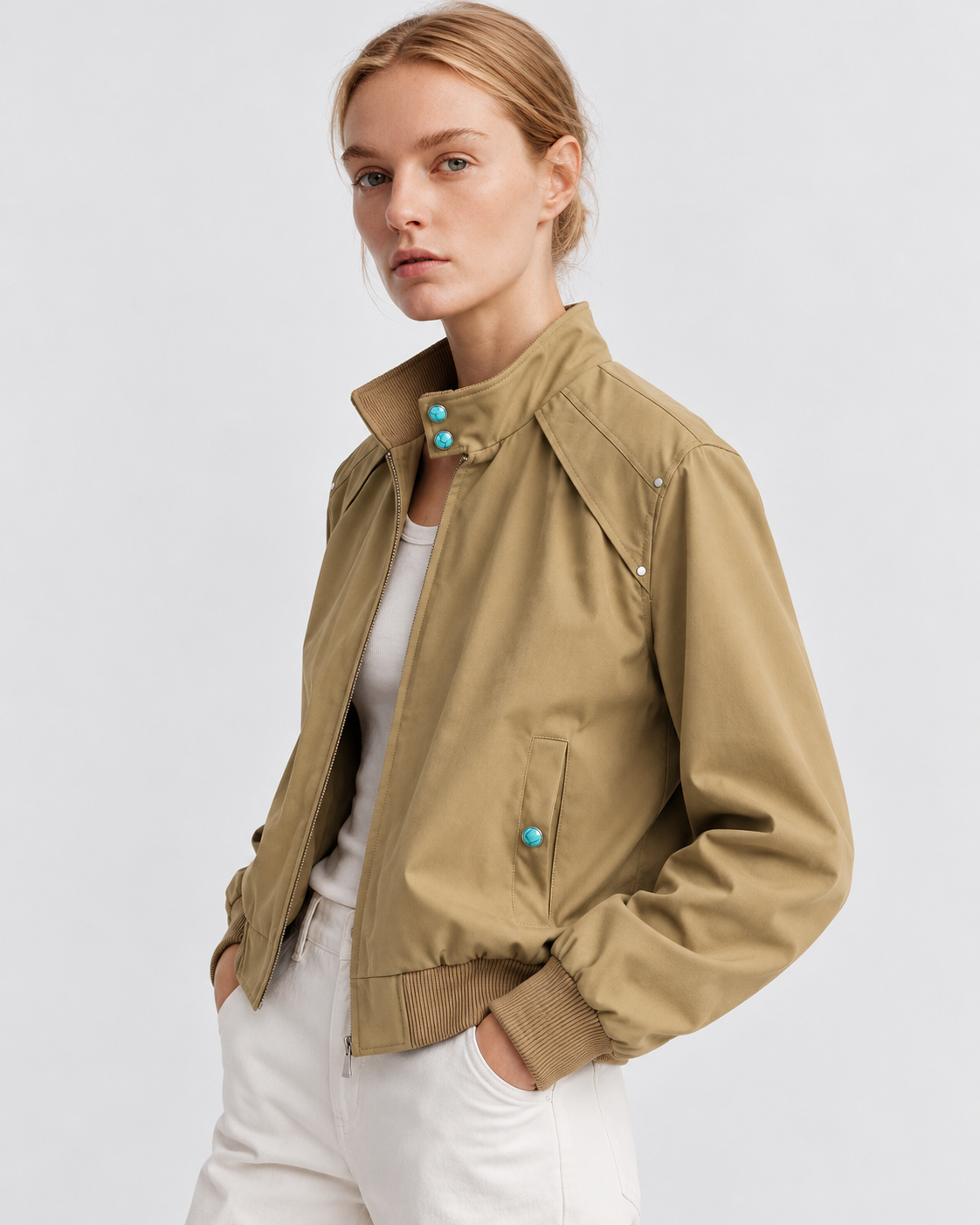 Color: Khaki | Men's khaki loose fit stand collar bomber jacket styled on model, look 2