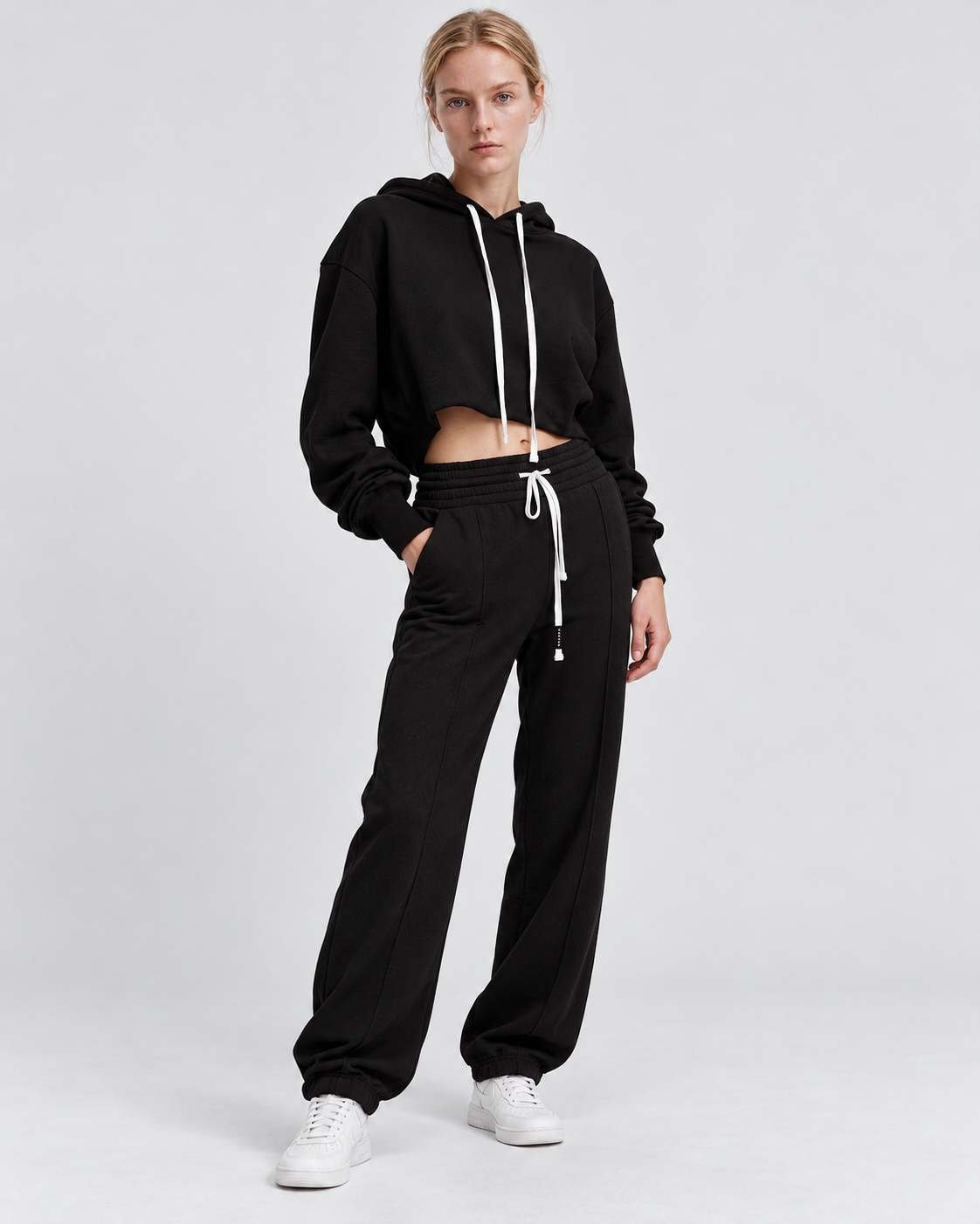 Image of Color: Active Black | Women's active black raw-edge cropped cotton pullover hoodie, main studio product view