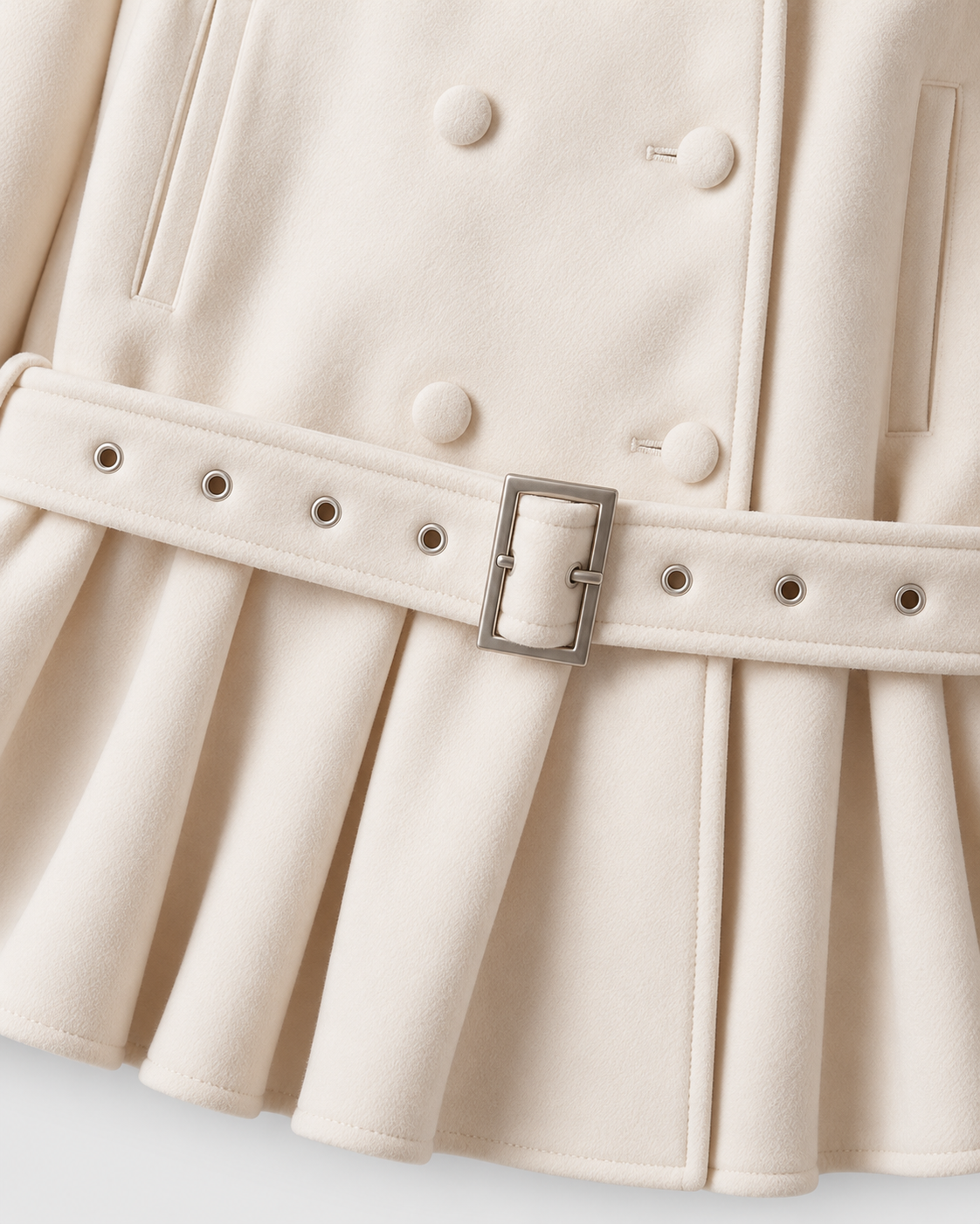 Color: Apricot | Belt and pleated hem detail on women's apricot trench coat