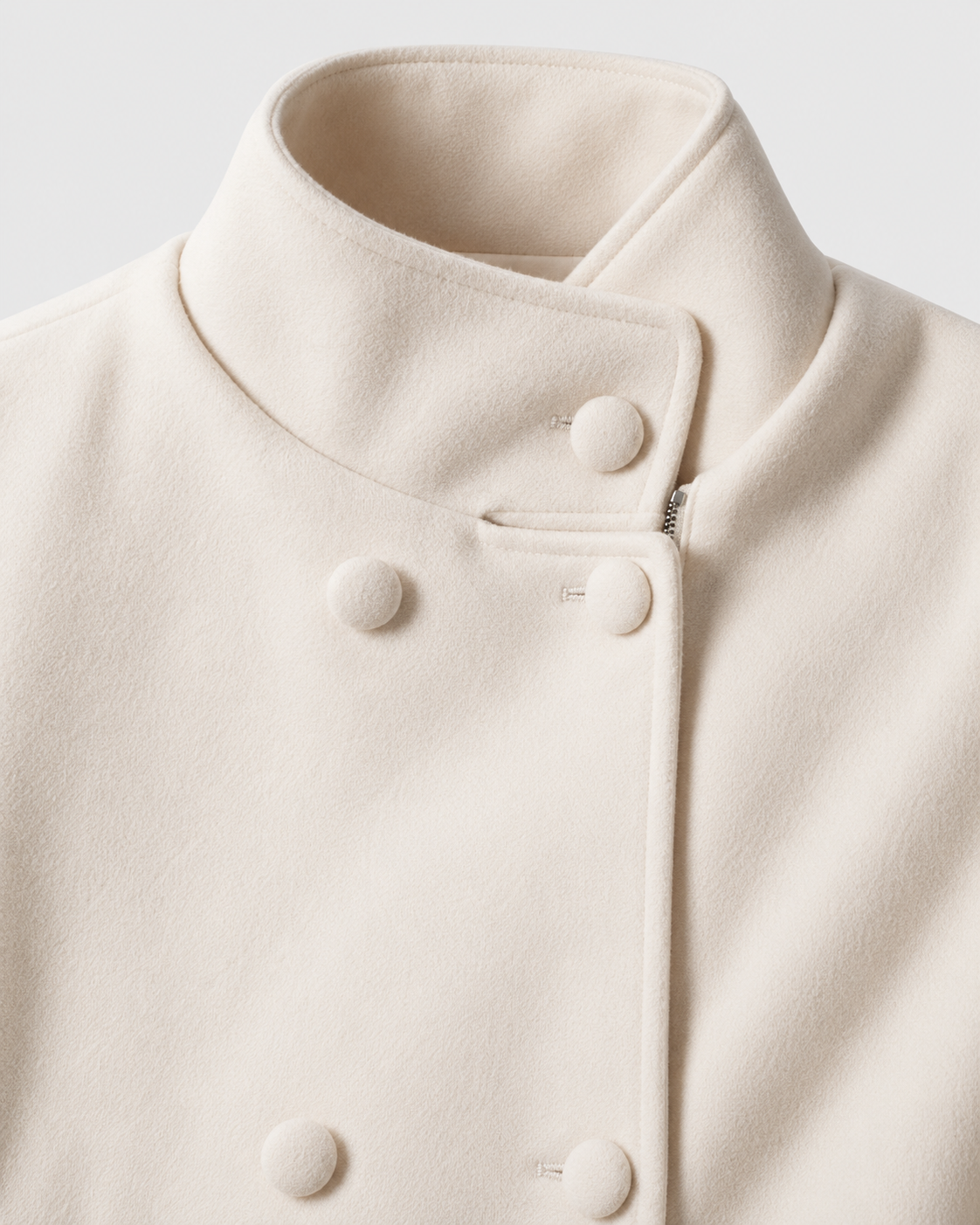Color: Apricot | Stand collar and covered button detail on women's apricot trench coat