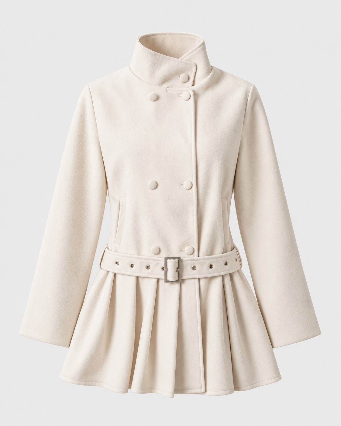 Color: Apricot | Women's apricot stand collar zip-up trench coat, front studio view