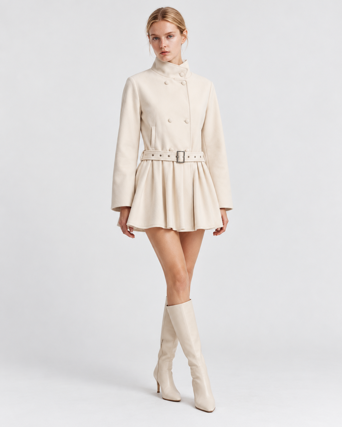 Color: Apricot | Women's apricot stand collar trench coat styled on model, front view