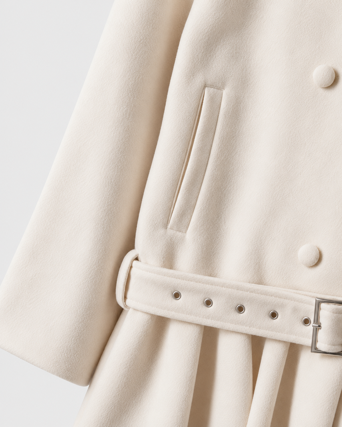 Image of Color: Apricot | Pocket and belt detail on women's apricot stand collar trench coat