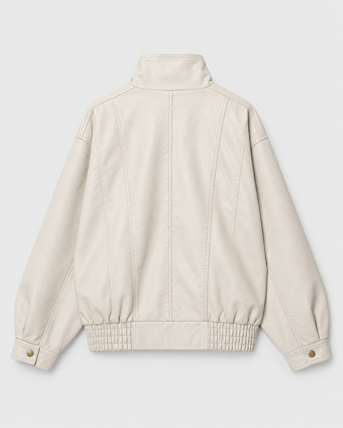 Color: Apricot | Women's apricot washed faux leather zip-up jacket styled on model, look 1