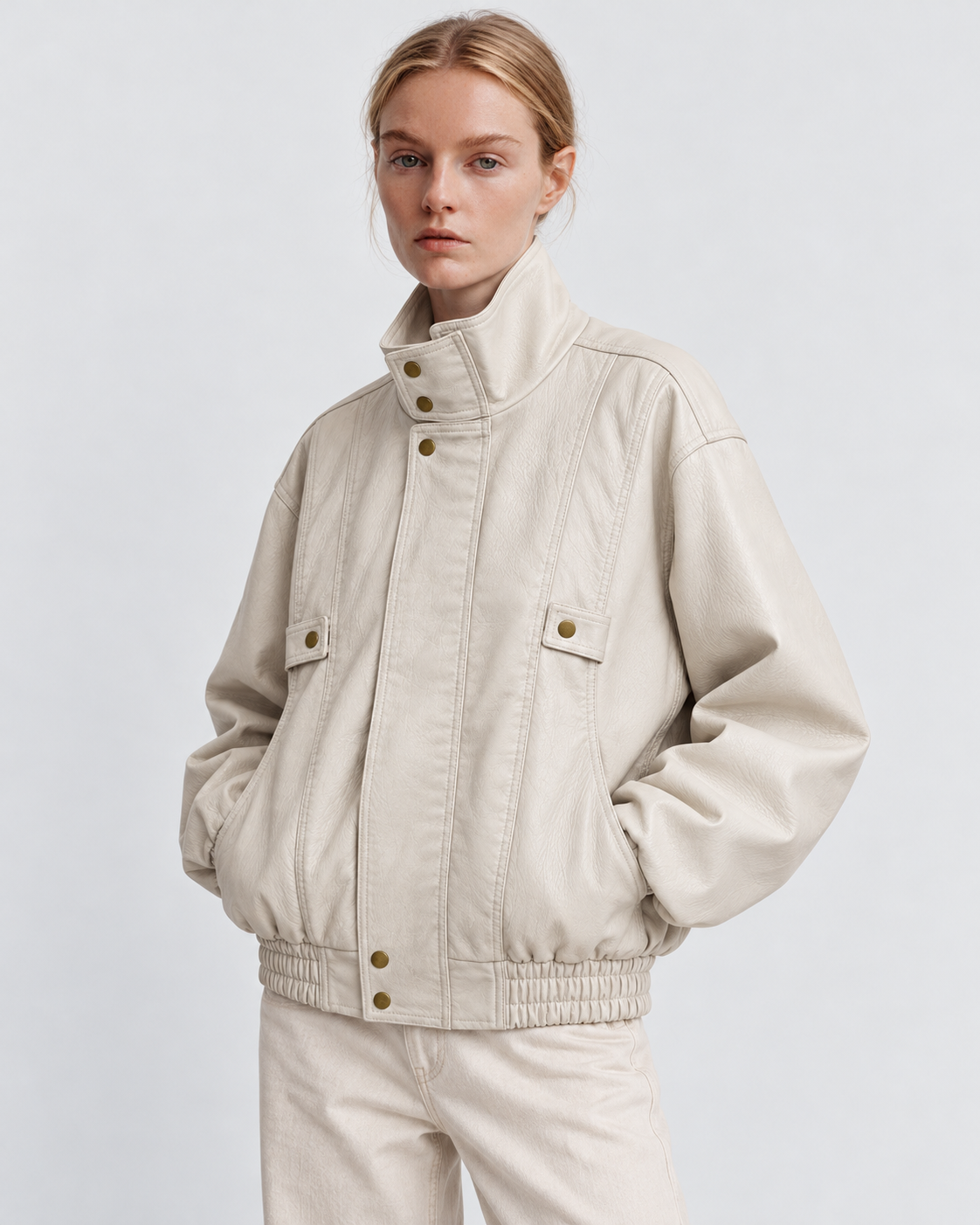 Image of Color: Apricot | Women's apricot washed faux leather zip-up jacket, alternate studio product view 5