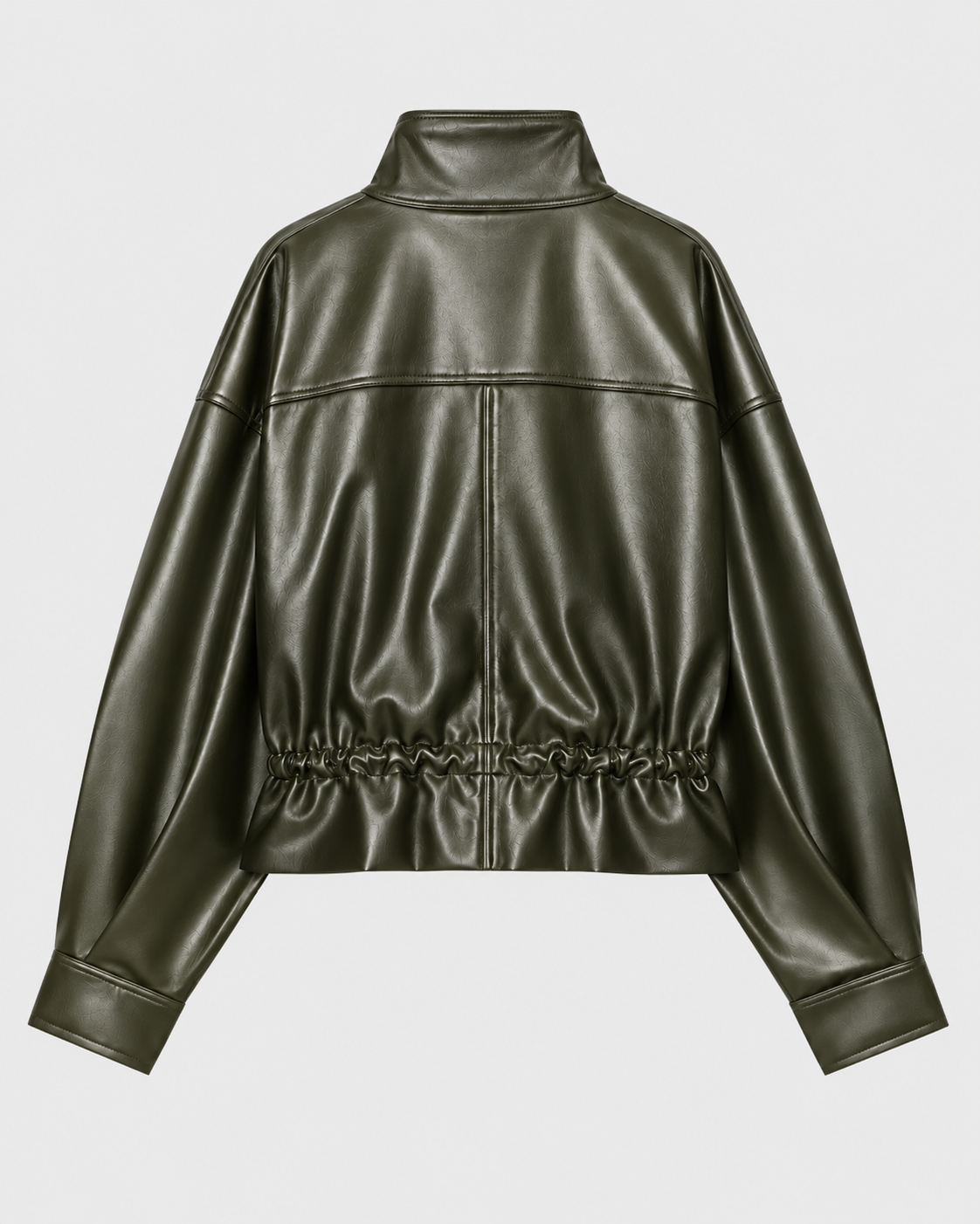 Color: Army Green | Women's army green stand collar faux leather zip-up jacket, back studio view