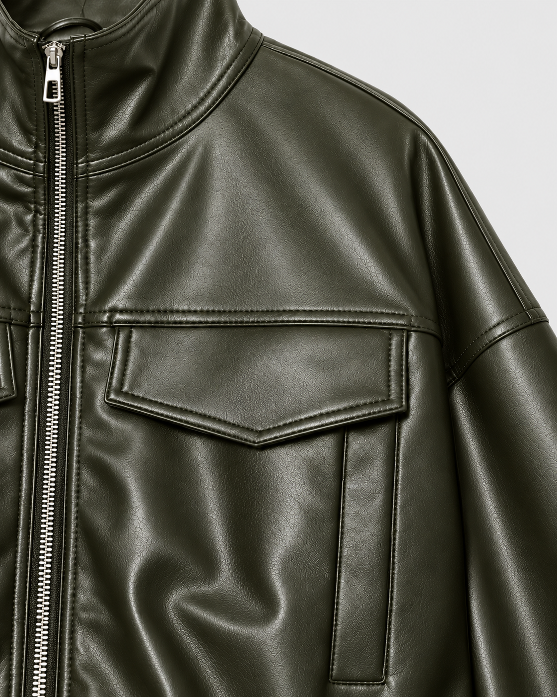 Image of Color: Army Green | Chest pocket detail on women's army green stand collar faux leather jacket