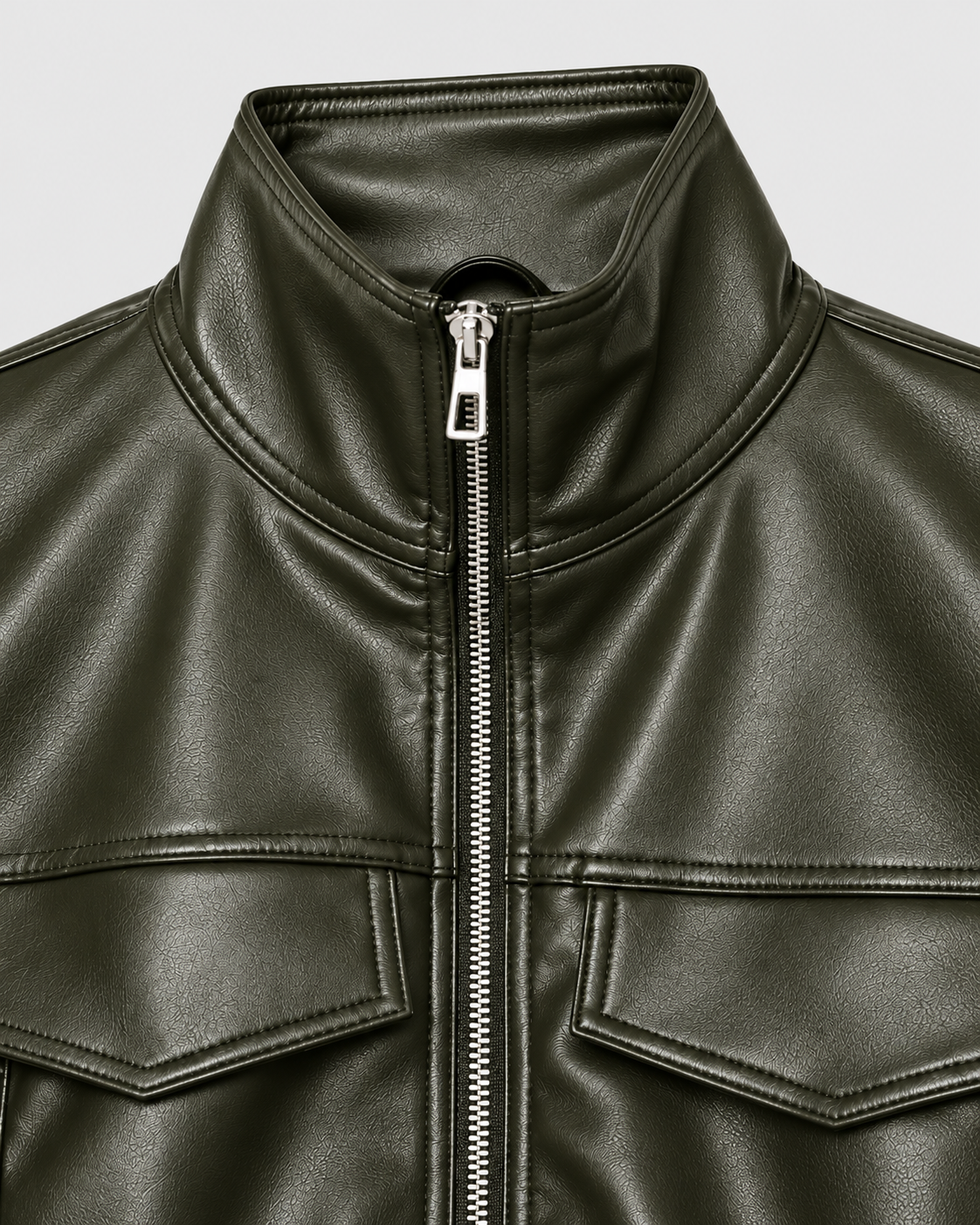Color: Army Green | Stand collar and zipper detail on women's army green faux leather jacket