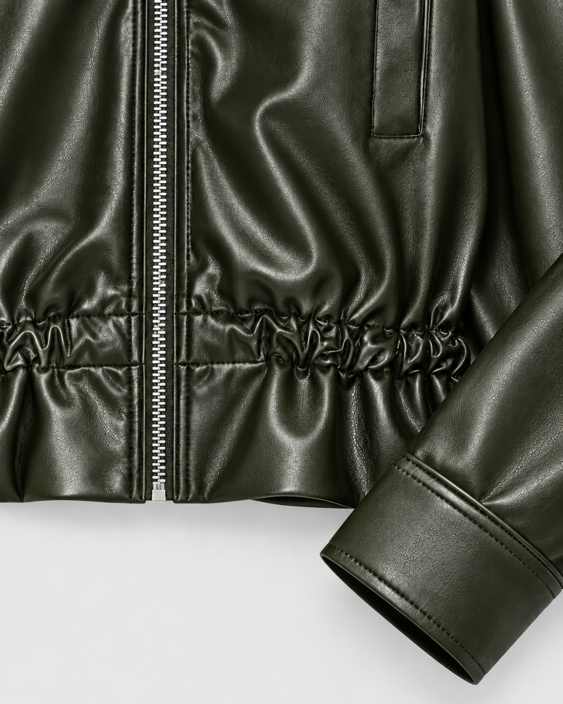 Image of Color: Army Green | Elastic hem and cuff detail on women's army green faux leather jacket