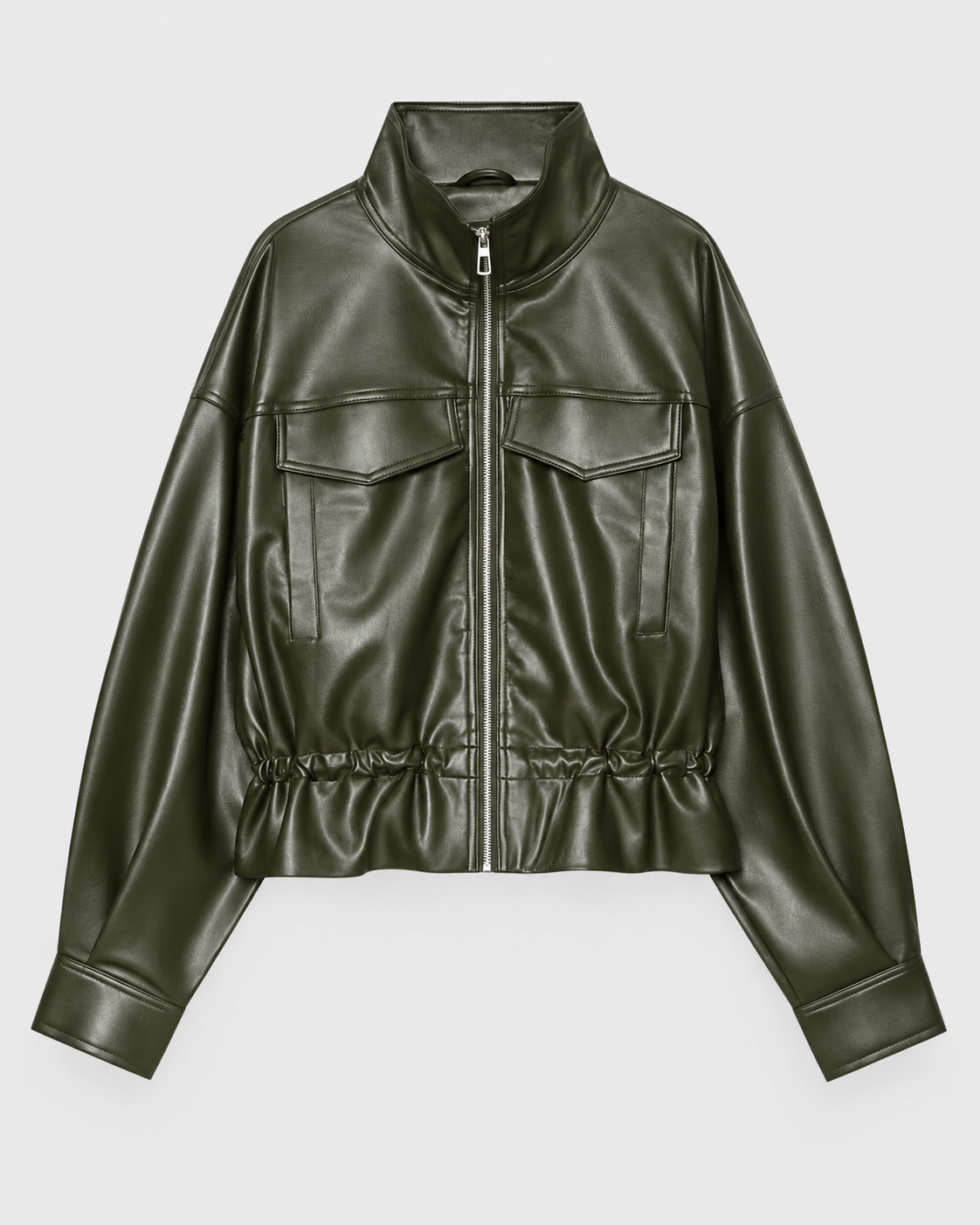 Color: Army Green | Women's army green stand collar faux leather zip-up jacket, front studio view