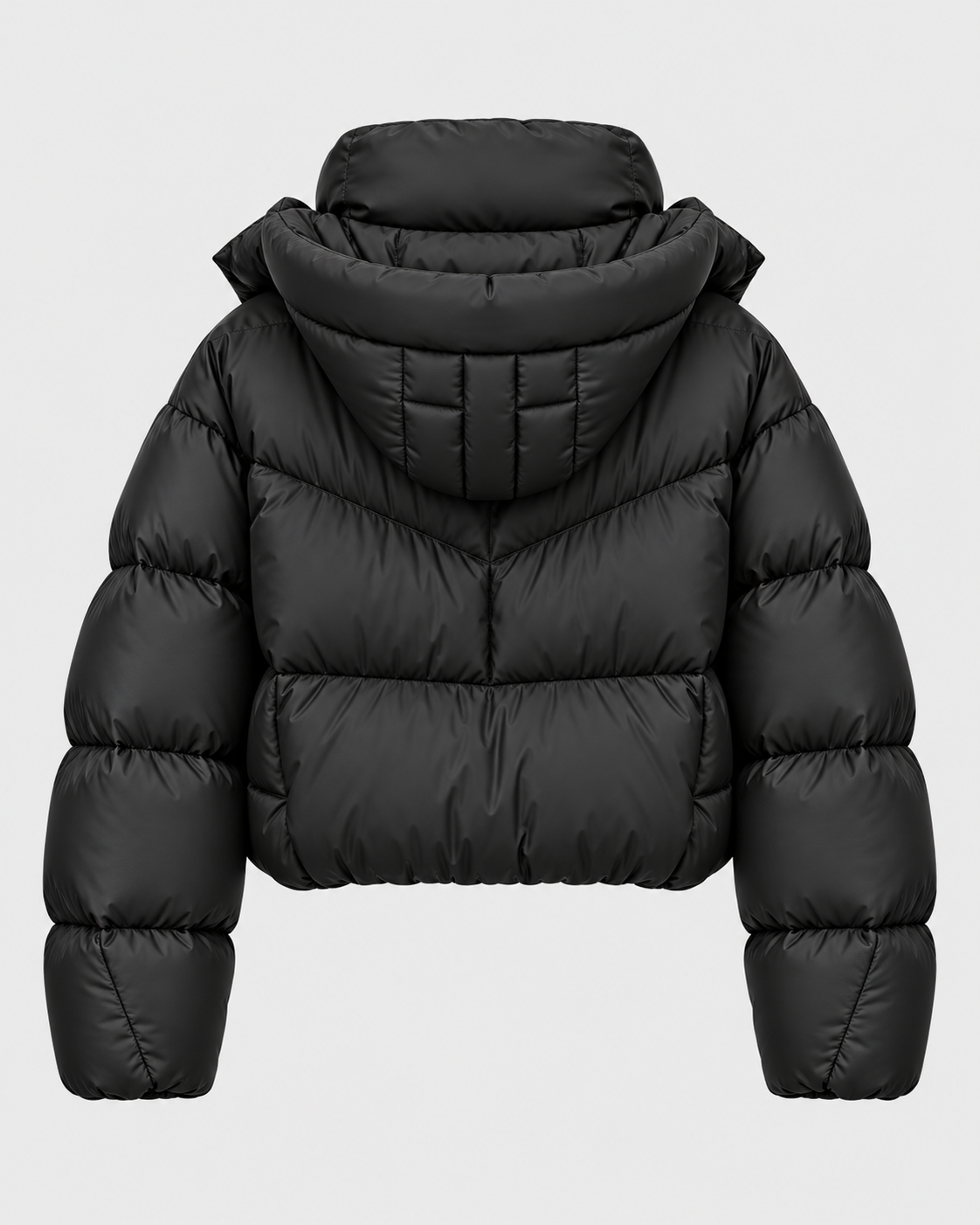 Color: Black | Women's black quilted faux leather detail puffer jacket, back studio view