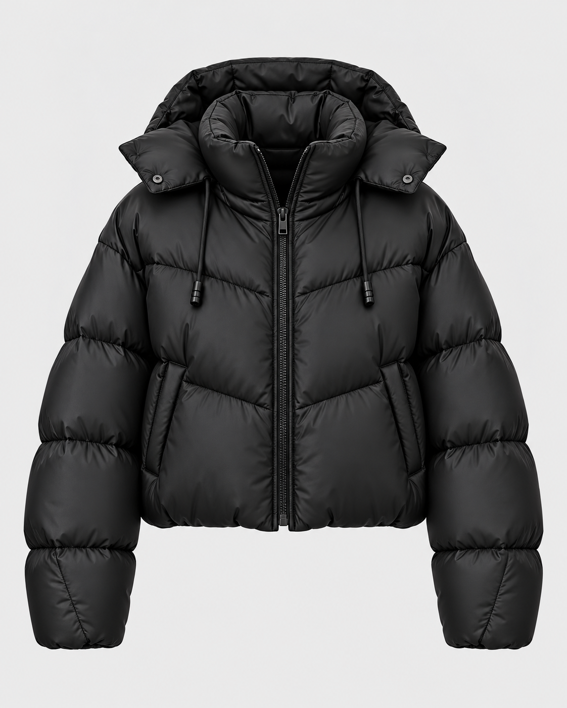 Color: Black | Women's black quilted faux leather detail puffer jacket, front studio view