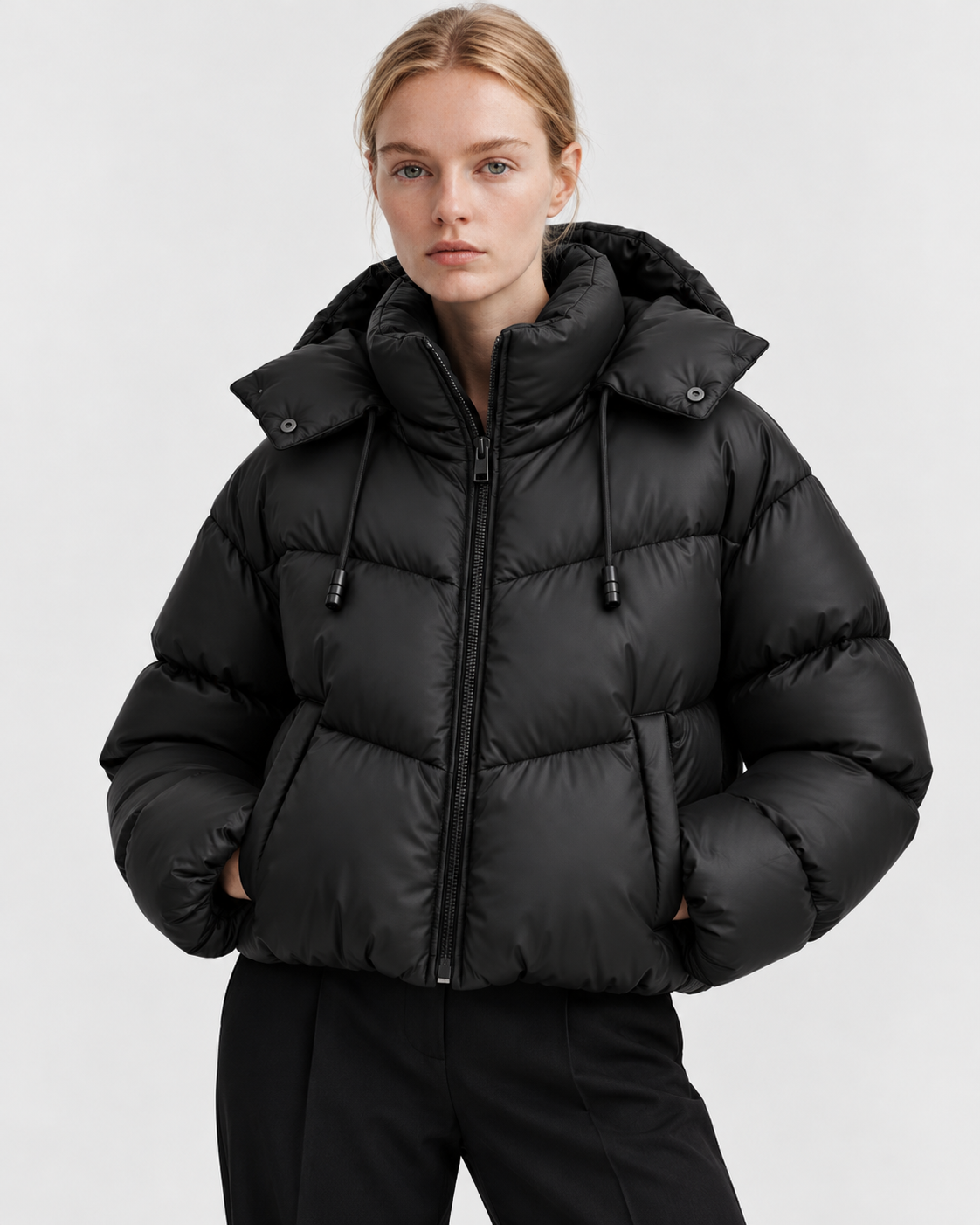 Color: Black | Women's black quilted puffer jacket styled on model, front view