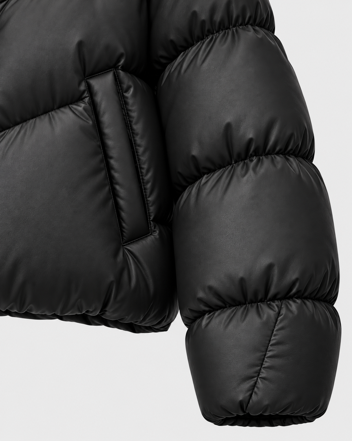 Color: Black | Sleeve and side quilting detail on women's black puffer jacket