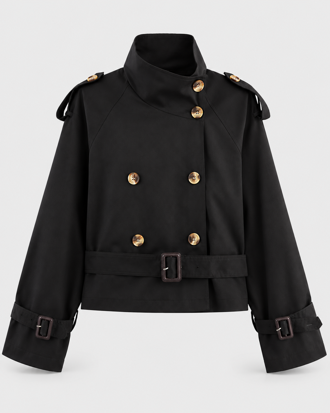 Image of Color: Black | Women's black short double-breasted belted trench coat, main studio product view
