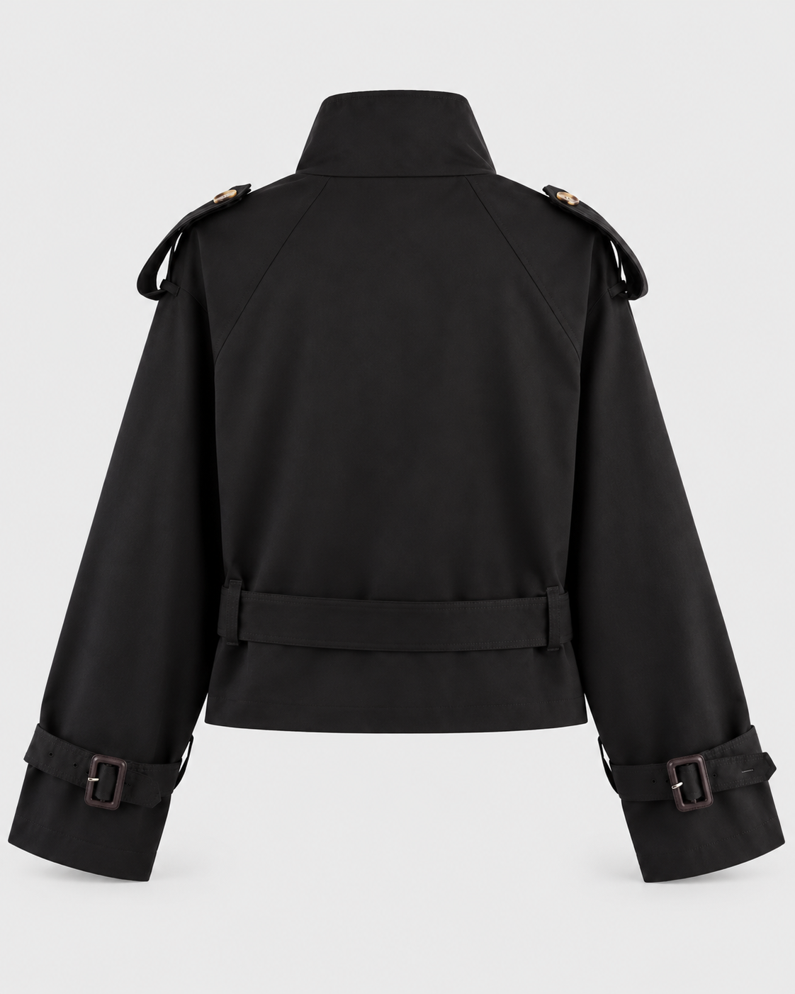 Color: Black | Women's black short double-breasted belted trench coat styled on model, look 1