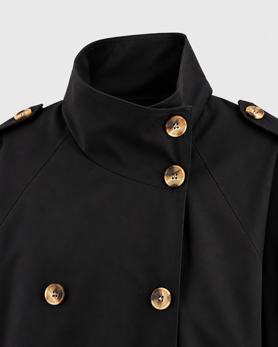 Image of Color: Black | Women's black short double-breasted belted trench coat, studio product view 2
