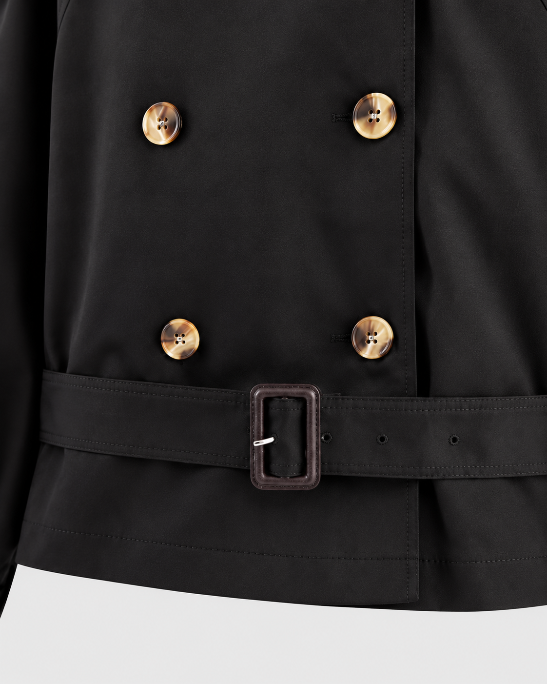 Image of Color: Black | Women's black short double-breasted belted trench coat, studio product view 3