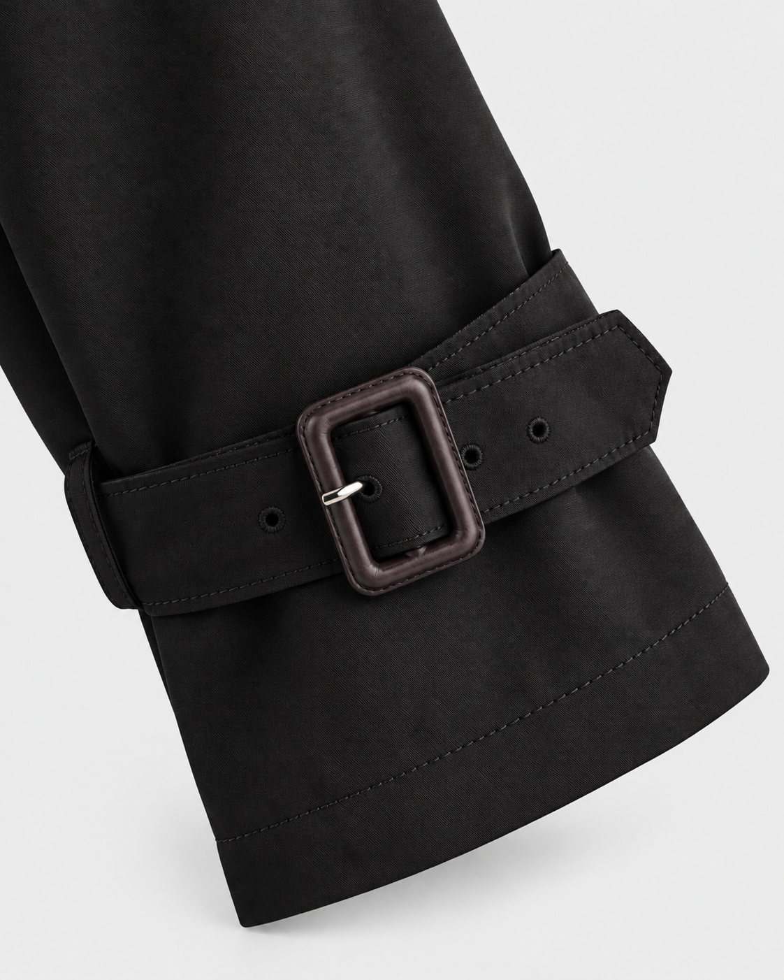 Color: Black | Women's black short double-breasted belted trench coat, studio product view 4