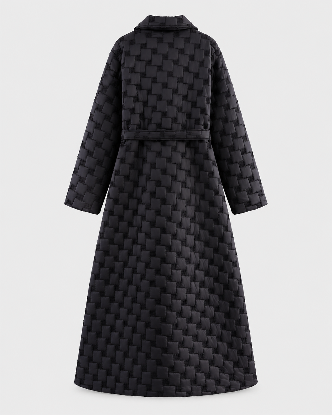 Color: Black | Women's black single-breasted woven trench coat, back studio view