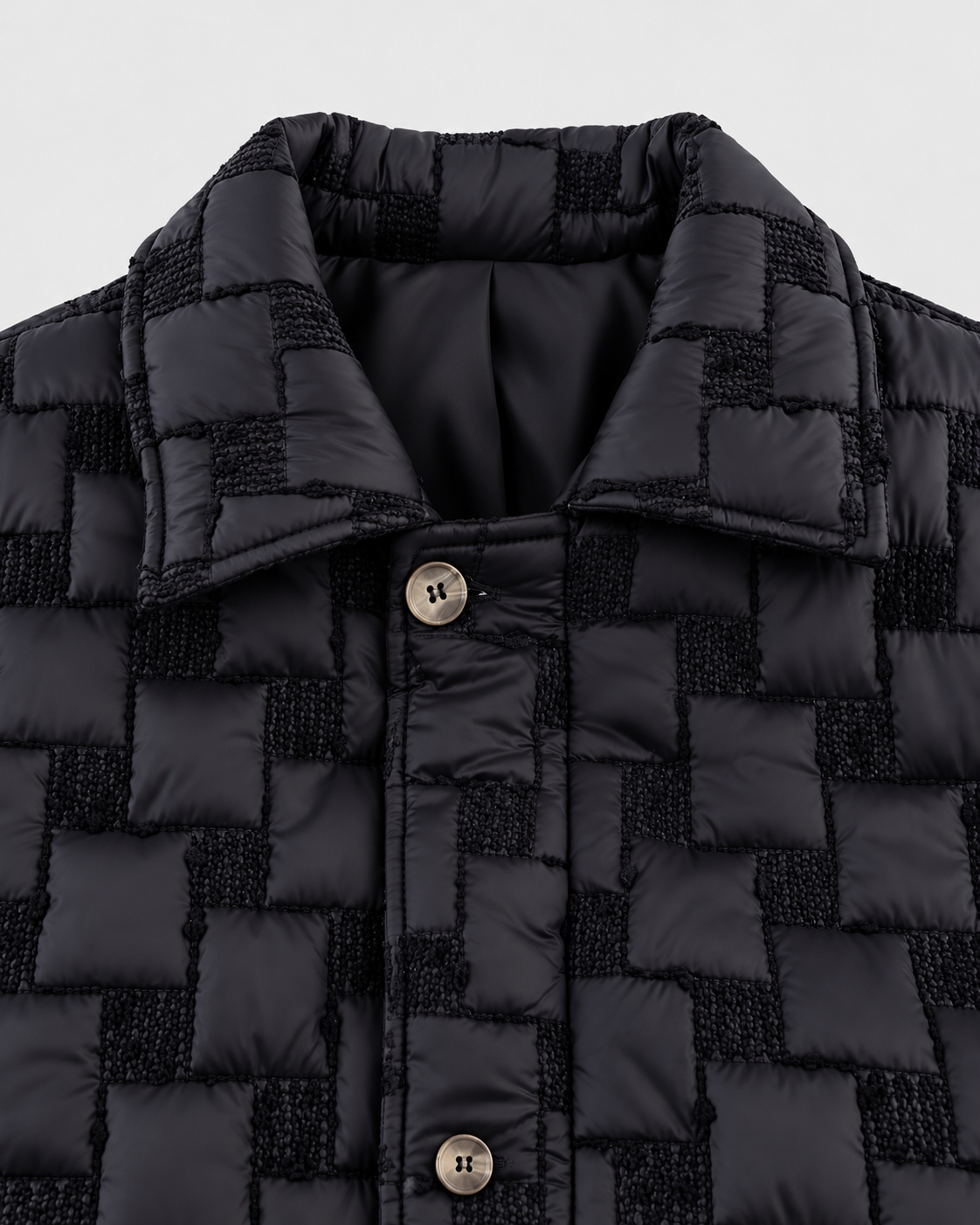 Image of Color: Black | Close-up of collar and button on women's black woven trench coat