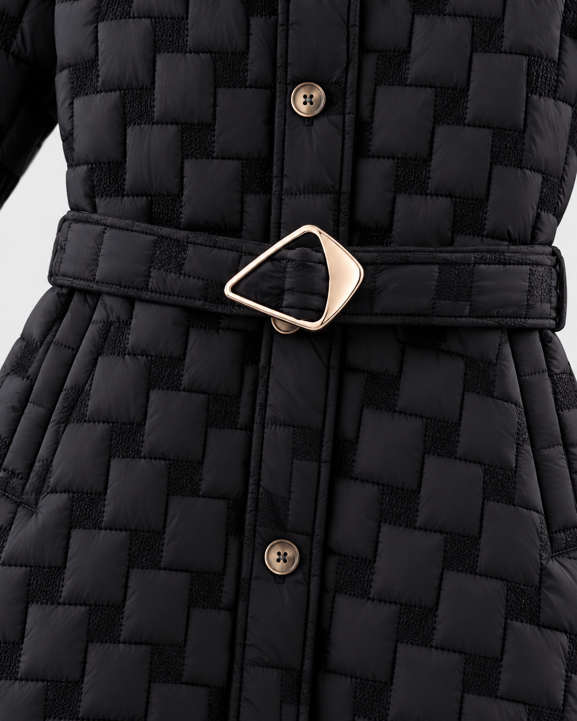 Color: Black | Belt buckle and front texture detail on women's black woven trench coat