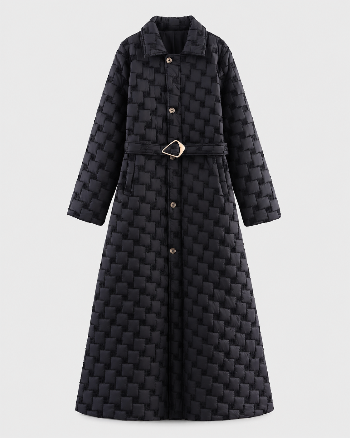 Image of Color: Black | Women's black single-breasted woven trench coat, front studio view
