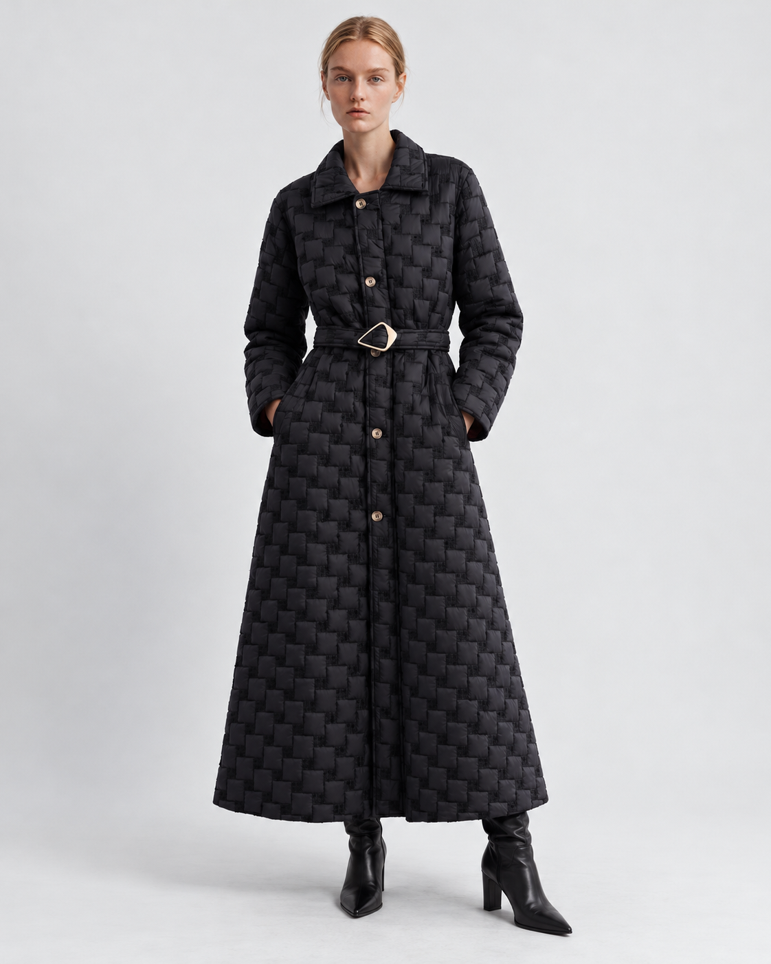 Image of Color: Black | Women's black woven trench coat styled on model, front view