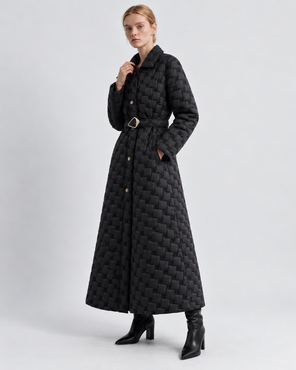 Color: Black | Women's black woven trench coat styled on model, three-quarter view