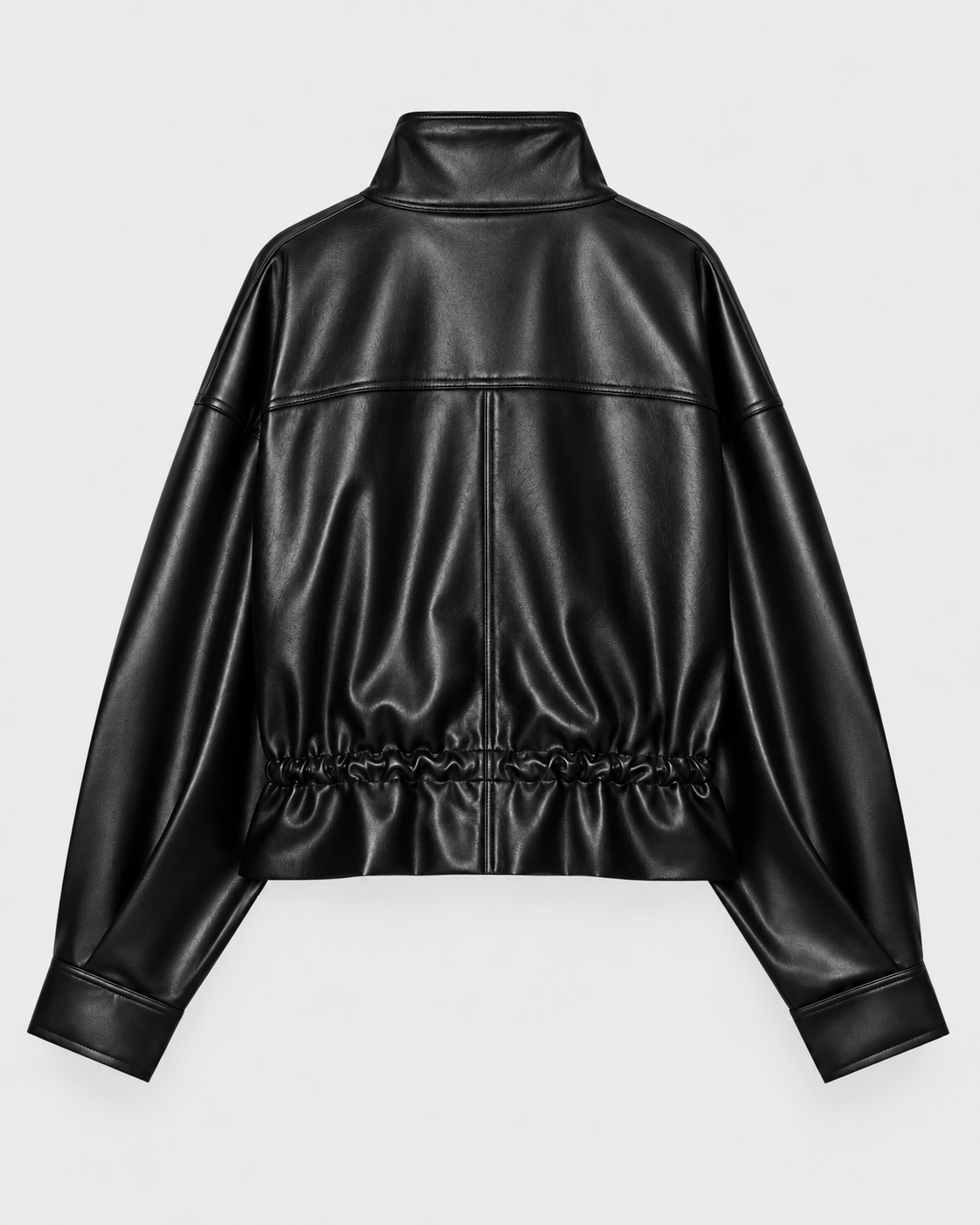 Color: Black | Women's black stand collar faux leather zip-up jacket, back studio view