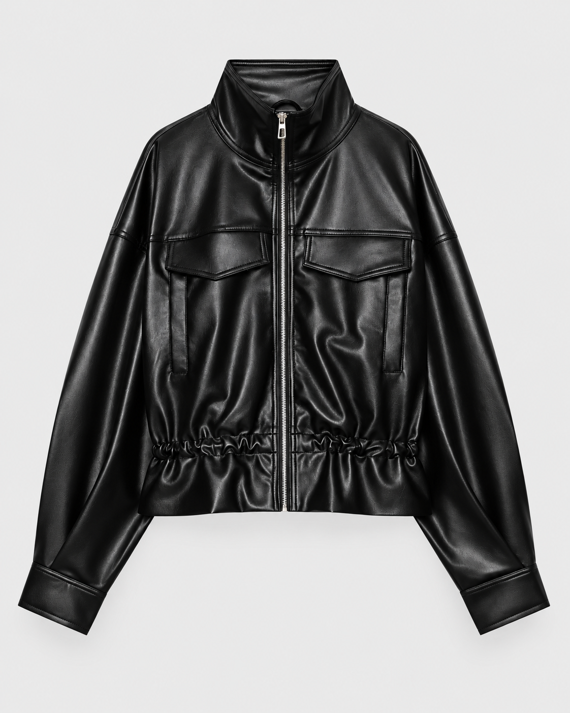 Image of Color: Black | Women's black stand collar faux leather zip-up jacket, front studio view
