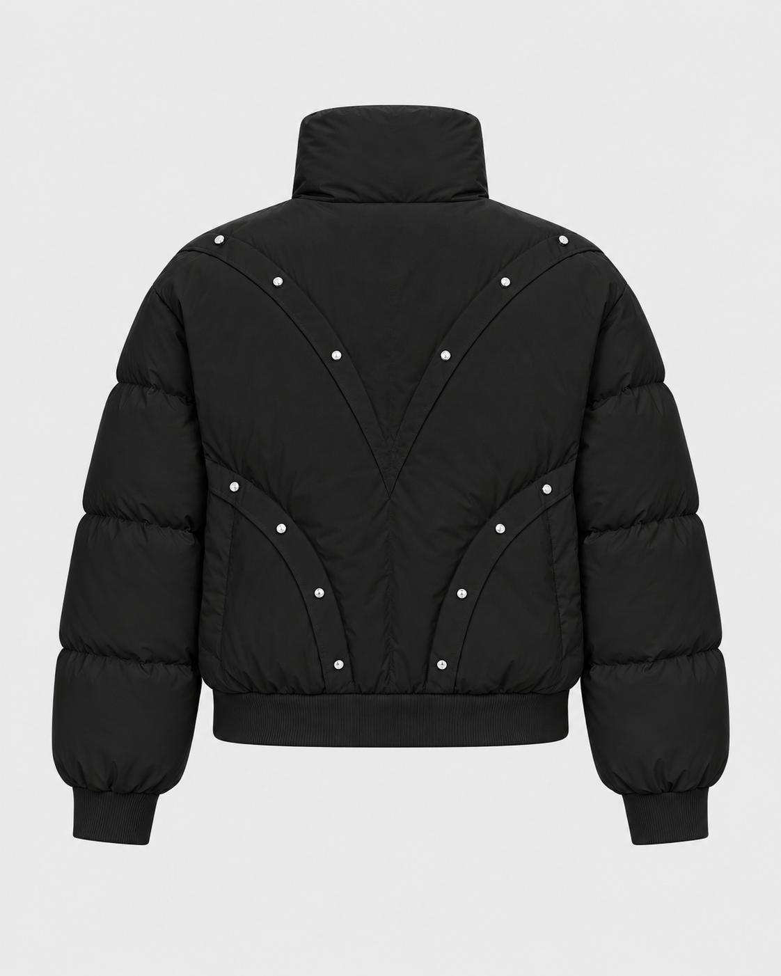 Color: Black | Women's black stand collar quilted puffer jacket, back studio view