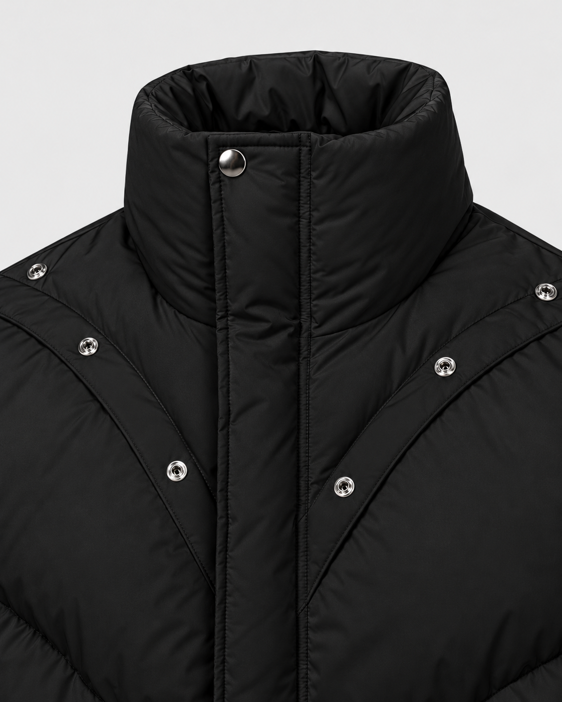 Image of Color: Black | Stand collar and stud detail on women's black quilted puffer jacket