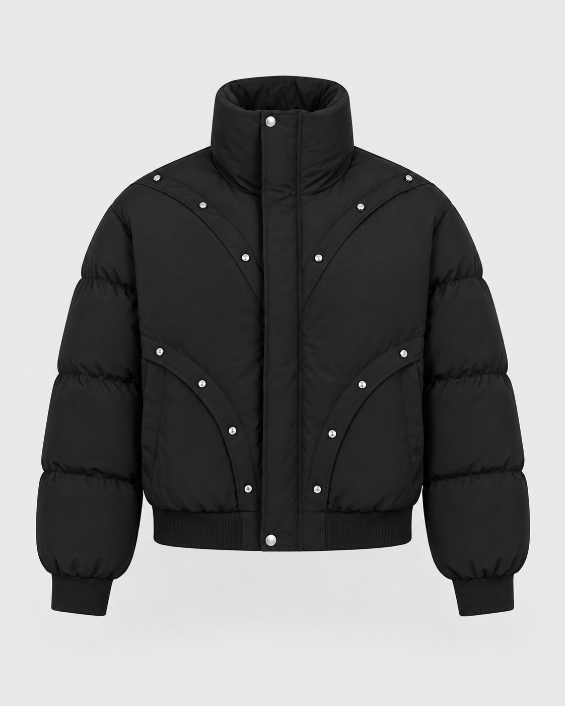 Image of Color: Black | Women's black stand collar quilted puffer jacket, front studio view