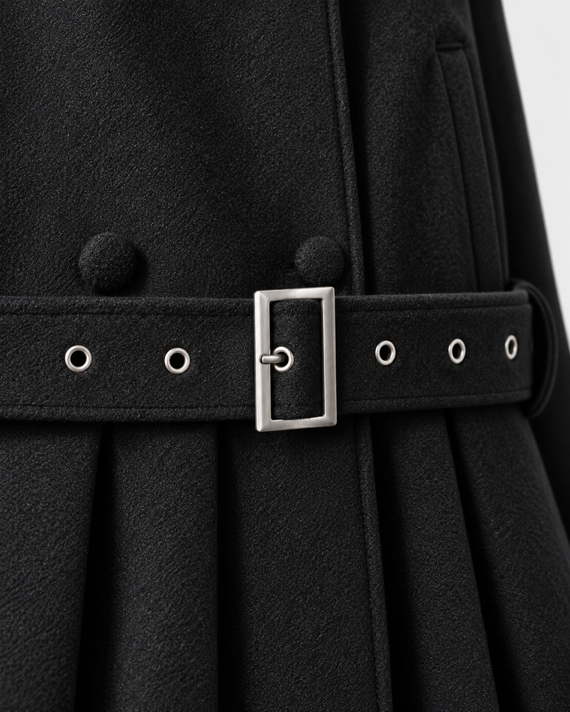 Image of Color: Black | Belt buckle detail on women's black stand collar trench coat