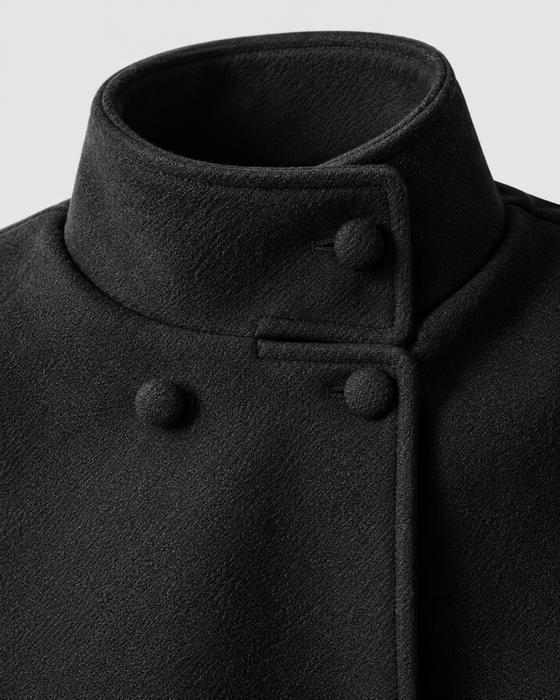 Color: Black | Stand collar and covered button detail on women's black trench coat